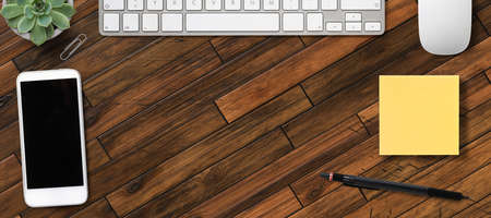 modern computer workspace on wooden backgroundの写真素材