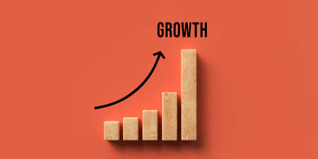 wooden blocks as a graph with the word GROWTH on orange background - 3D rendered illustrationの写真素材