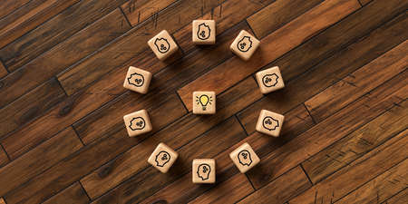 cubes showing a brainstorming session on wooden background - 3d rendered illustration