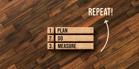 blocks with message PLAN, DO, MEASURE and REPEAT on wooden background - 3D rendered illustration