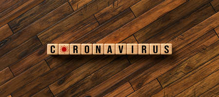 cubes with message CORONAVIRUS on wooden background - 3D rendered illustration