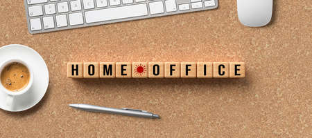 wooden blocks with text HOME OFFICE and a virus symbol on cork backgroundの写真素材