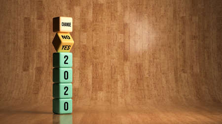 wooden cubes with letters showing the message CHANGE - 2020 with YES and NO option on wooden...