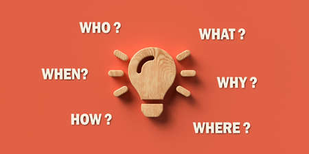 wooden lightbulb on orange background with the words WHEN, WHAT, WHERE, WHO, WHY and HOW - 3D rendered illustrationの写真素材