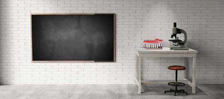 laboratory with empty blackbord and many test tubes on a table - 3D rendered illustrationの写真素材