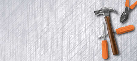 hammer, screwdriver and other tools on brushed aluminum background - 3D rendered illustrationの写真素材