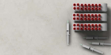 test tubes with blood samples and syringes on concrete background - 3D rendered illustration