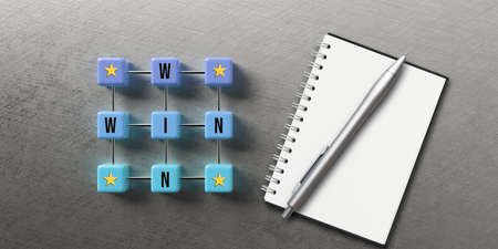 blue cube grid with message WIN WIN and notepad with pen on aluminum background