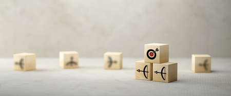 stacked cubes with arrow symbols pointing towards a target on white background - 3d illustration