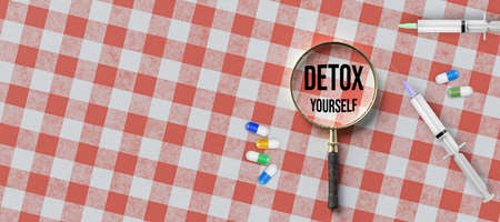 many pills with loupe and message DETOX YOURSELF on kitchen table background - 3d illustrationの写真素材