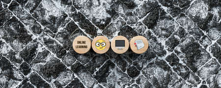 wooden cylinders with message ONLINE LEARNING on a snowy sidewalk - 3d illustration