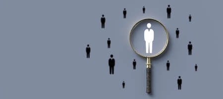 magnifying glass highlighting a person icon in a group of peoples on grey blue background - 3d illustrationの写真素材