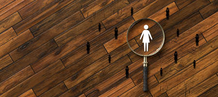magnifying glass highlighting a person icon in a group of peoples on wooden background - 3d illustrationの写真素材