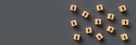 ubes with people symbols and connections between them on grey background - 3d illustrationの写真素材