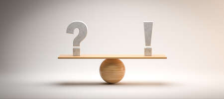 wooden scale balancing a question mark and an exclamation mark on white background - 3d illustrationの写真素材