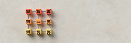 cube grid with shopping cart symbols and message ONLINE SHOPPING on concrete background - 3d...