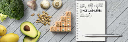 many cooking ingredients and a healthy plan on wooden background