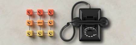 cube grid with telephone icons and a vintage phone on concrete background - 3d illustration