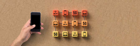 cube grid with wifi and 5G symbols on paper background