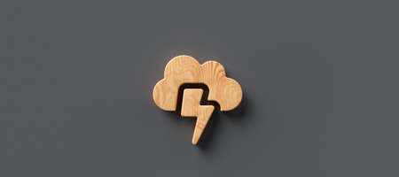 wooden symbol of a cloud with thunderbolt on gray background - 3d illustrationの写真素材