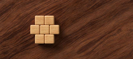 empty wooden cubes in the shape of a hexagon for own messages and icons on wooden background - 3d...