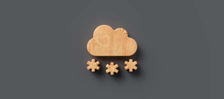 wooden symbol of a cloud with snowflakes on gray background - 3d illustration