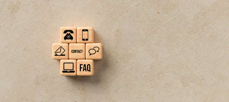 cubes with contact options on paper background - 3d illustrationの写真素材