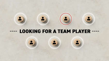 little cylinders with people icons and message LOOKING FOR A TEAM PLAYER on concrete background - 3d...