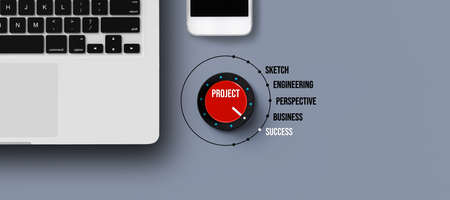 adjustable knob highlighting different stages of a project on grey-blue background