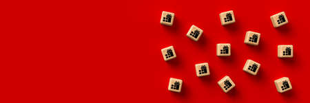 cubes with present symbols on red background - 3d illustrationの写真素材