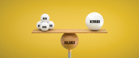 wooden scale balancing one big ball and four small ones with message RISK, REWARD and BALANCE on colorful background - 3d illustrationの写真素材