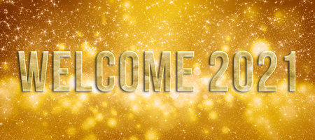 message WELCOME 2021 in front of colorful particle background