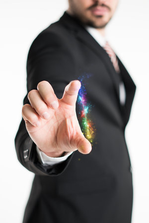 businessman is showing innovation in front of white backgroundの写真素材