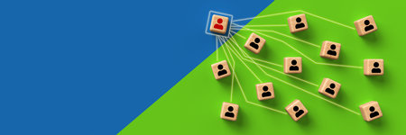 cubes with person symbols and lines symbolizing contact tracing on colorful background - 3d...