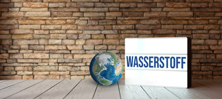 lightbox with German message for HYDROGEN besides a globe in front of a brick wall - 3d illustration