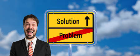 businessman in front of a signpost with the message PROBLEM and SOLUTION on cloudy sky background