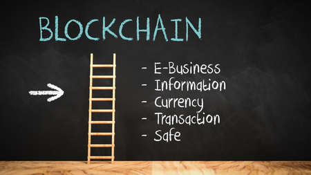 wooden ladder leaning against a blackboard with message BLOCKCHAIN and a list of several aspects of this topic - 3d illustrationの写真素材