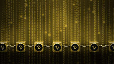cubes interlocked with chains and bitcoin cash symbols symbolizing a blockchain on abstract digital...