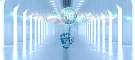 robot hand with message 5G in front of a futuristic white hallway - 3d illustrationの写真素材