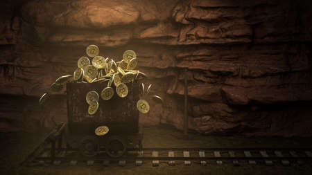 bitcoins falling into an old mining lore as a concept for mining bitcoins - 3d illustrationの写真素材