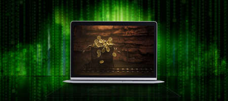 laptop in front of cryptic background showing image of bitcoins falling into an old mining lore as a concept for mining bitcoins - 3d illustrationの写真素材