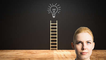 businesswoman in front of a blackboard with a ladder leading to a lightbulb symbolの写真素材