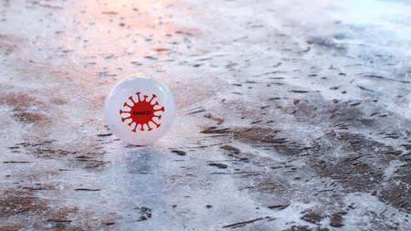 sphere with virus symbol and message on frozen winter background - 3d illustration