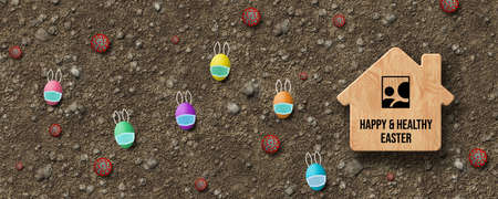 wooden house symbol with message HAPPY & HEALTHY EASTER and easter eggs covered by face mask icons...