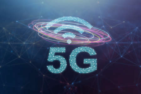 5G telecommunication concept with an abstract network illustration on blue backgroundの写真素材