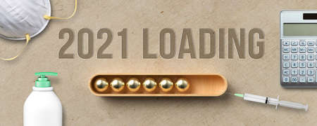 loading bar visualization with message 2021 LOADING surrounded by a syringe, calculator, hand wash...