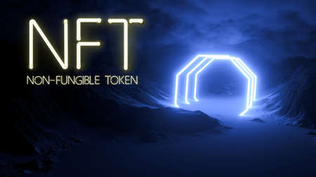 message NFT - NON FUNGIBLE TOKEN in neon letters in front of a surreal snowy mountain scene - 3d...