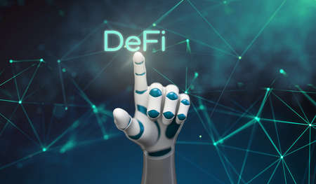 robot hand seleting the text DeFi in front of an abstract background - 3d illustrationの写真素材