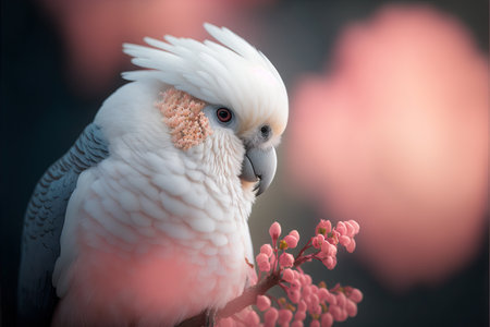 cute pink white cockatoo on a sakura branch, generative aiの素材