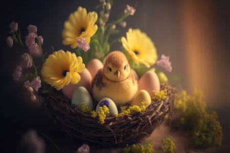 cute chick in an easter nest with easter eggs and spring flowers, generative aiの素材
